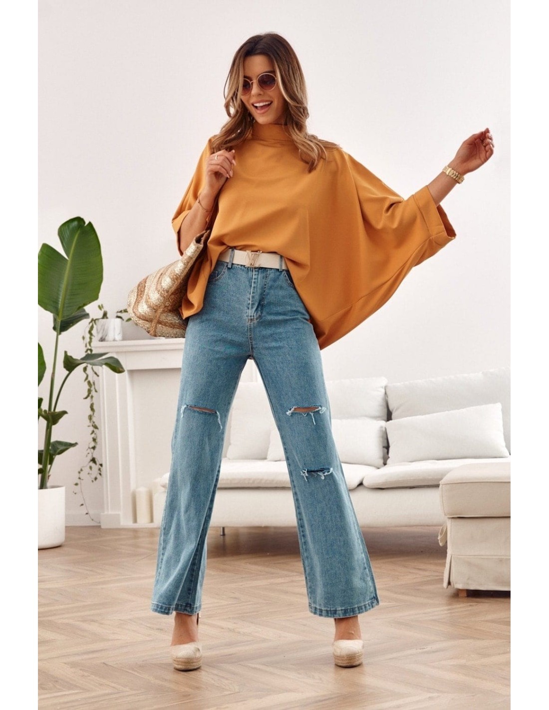 Wide, high-waisted denim pants 57610 - Online store - Boutique